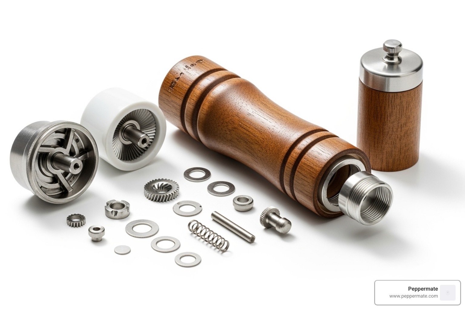 disassembled pepper mill showing its various components - pepper mill replacement parts