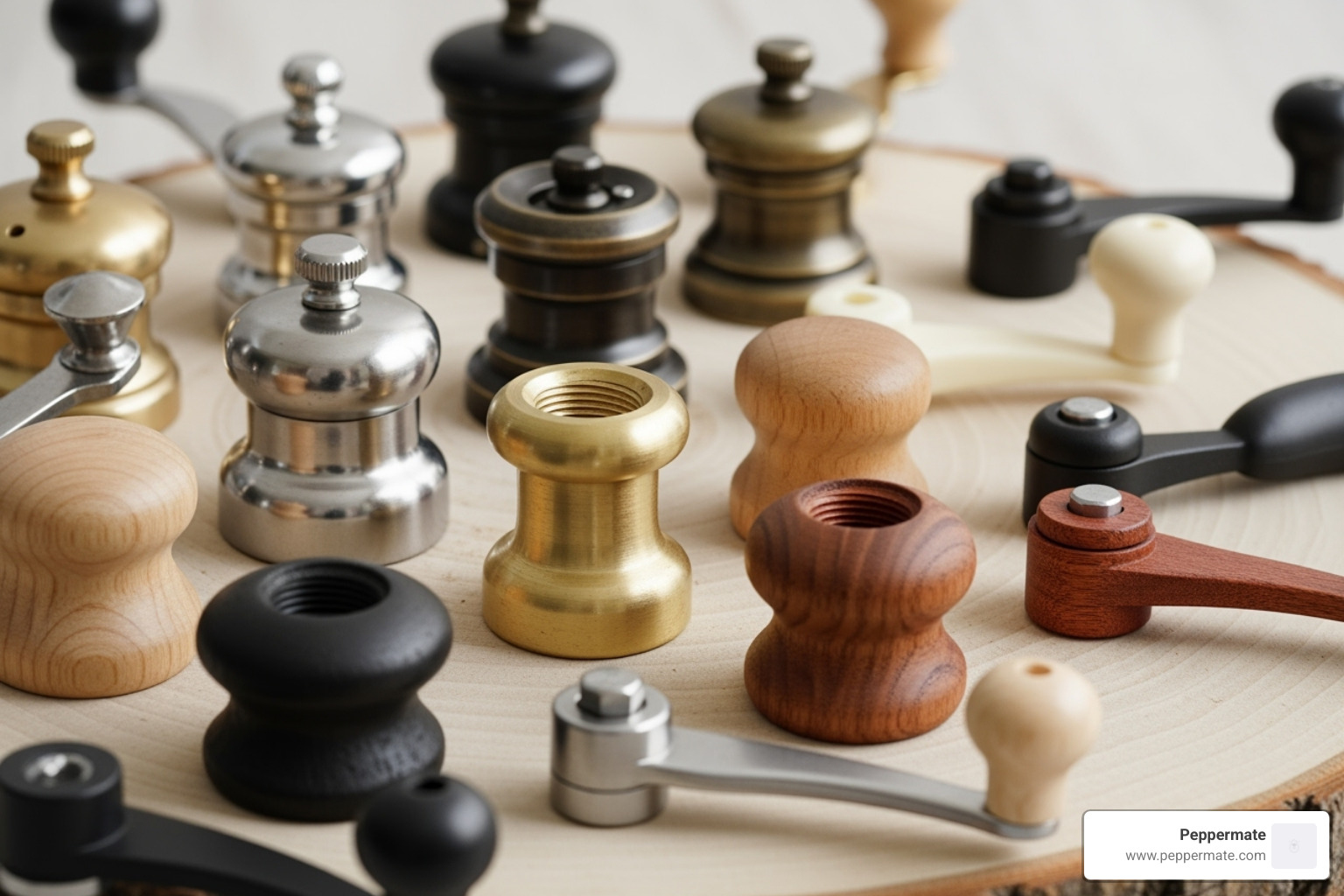 various top nuts and cranks in different styles and materials - pepper mill replacement parts