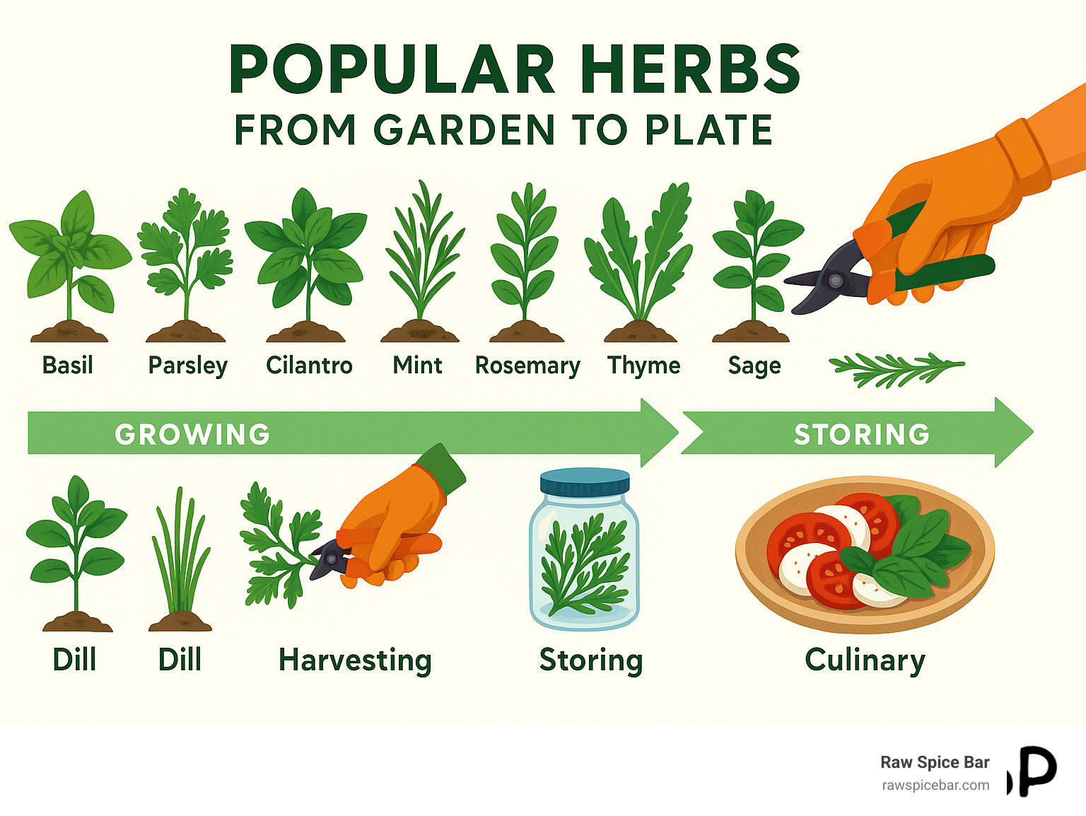 Infographic showing the journey of popular herbs from garden to plate, including growing conditions, harvesting times, storage methods, and common culinary applications for the top 10 most used herbs in home cooking - popular herbs infographic 
