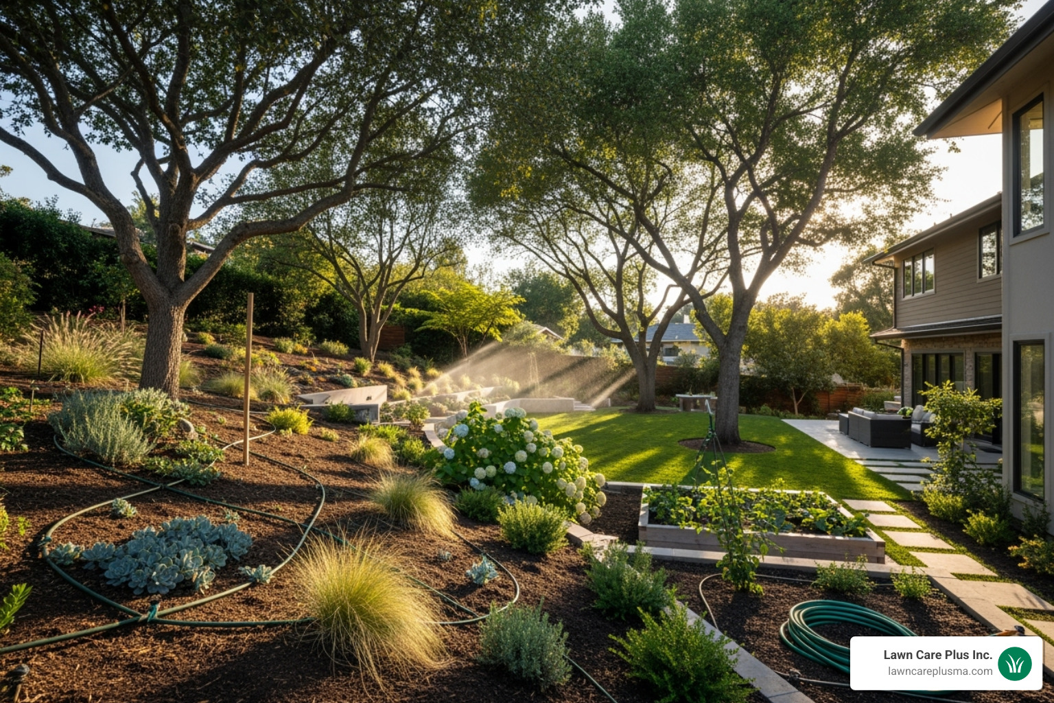 Complex yard with slopes, trees, and garden beds requiring multiple zones - cost of new lawn irrigation system installation