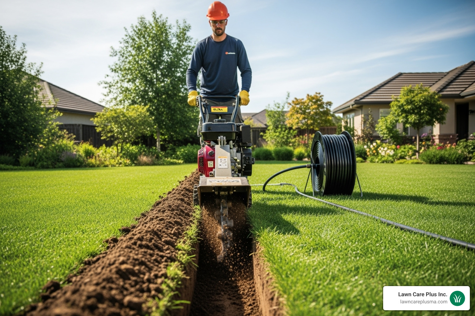 Professional installer using a trenching machine - cost of new lawn irrigation system installation