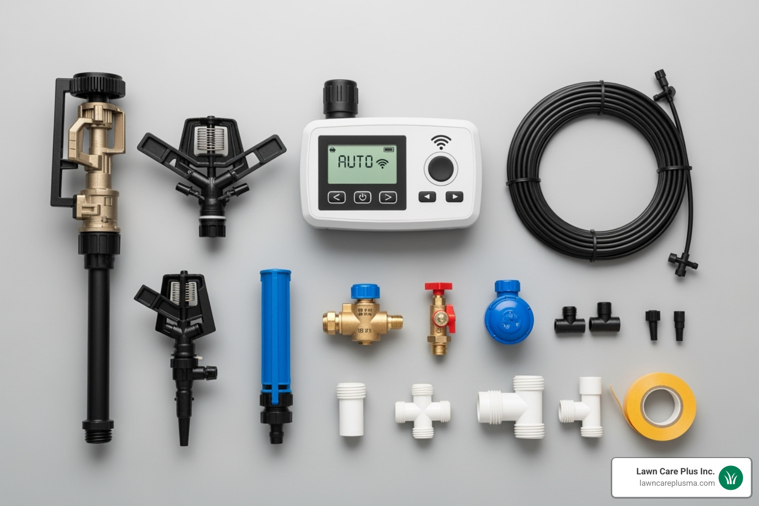 Various sprinkler system components like a smart controller, rotary heads, and drip lines - cost of new lawn irrigation system installation