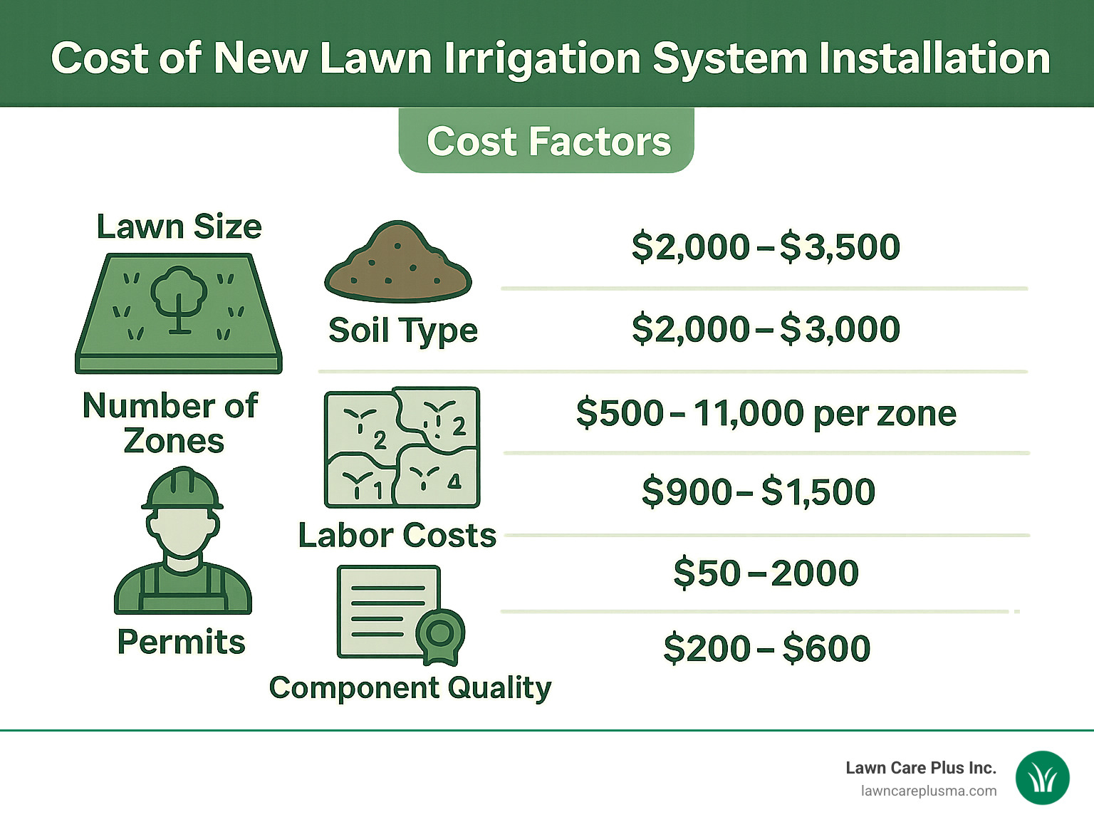 Detailed breakdown of irrigation system installation cost factors including lawn size, soil type, number of zones, labor costs, permits, and component quality with average price ranges for each factor - cost of new lawn irrigation system installation infographic 
