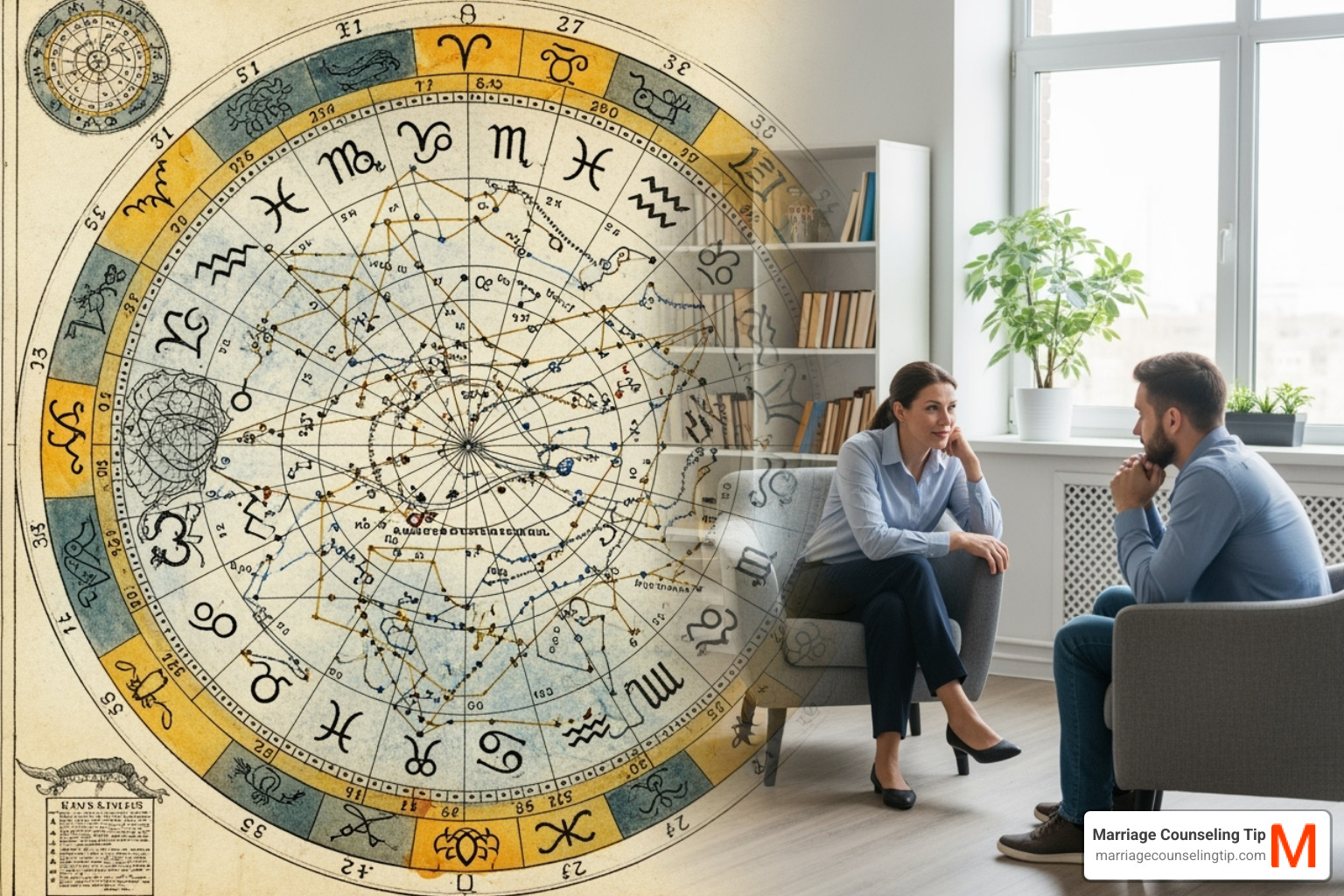 split screen showing an ancient astrological chart on one side and a modern counseling session on the other - love marriage specialist