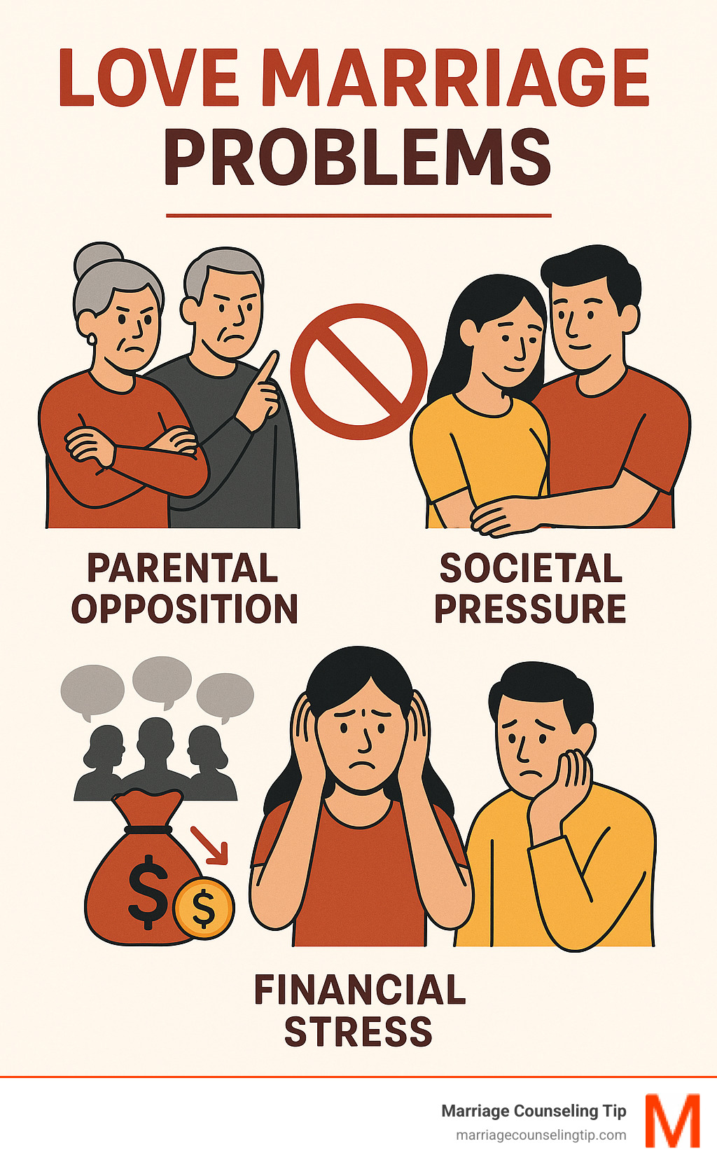 Infographic explaining common love marriage problems like parental opposition, societal pressure, and financial stress - love marriage specialist infographic 
