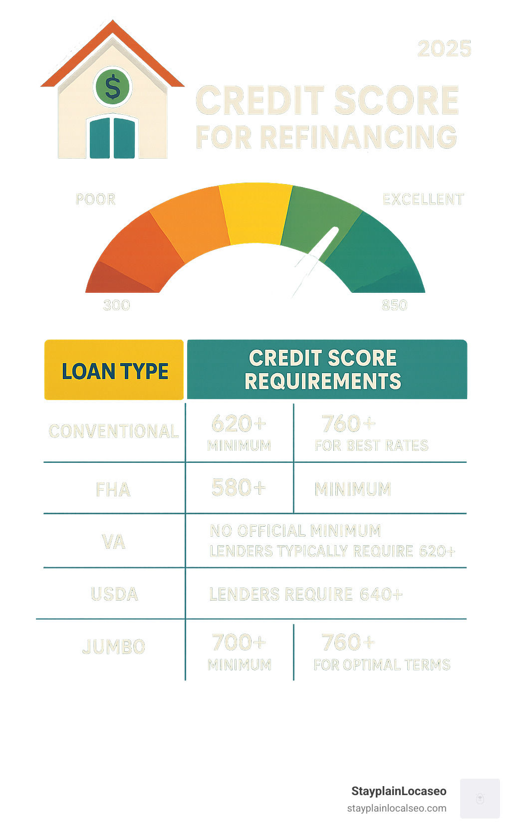 Infographic showing credit score requirements for different refinancing loan types: Conventional loans requiring 620+ minimum with 760+ for best rates, FHA loans at 580+ minimum, VA loans with no official minimum but lenders typically requiring 620+, USDA loans with lenders requiring 640+, and Jumbo loans needing 700+ minimum with 760+ for optimal terms - Credit score for refinancing infographic 