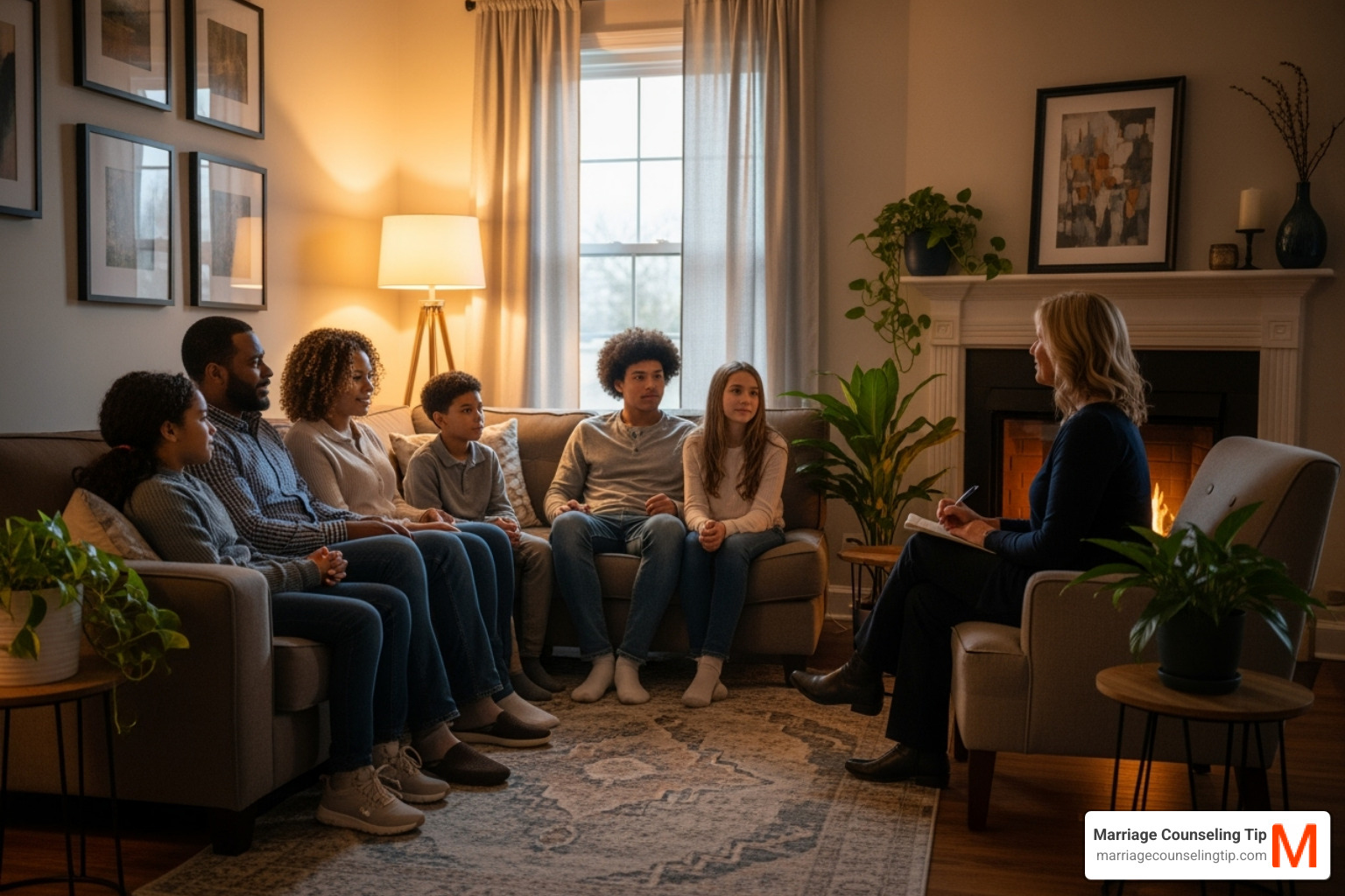 diverse family group in a warm, inviting counseling session - blended family counseling