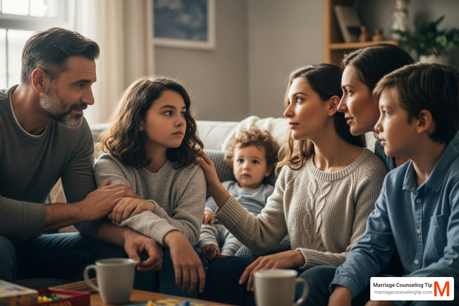 parents and children talking with concerned but loving expressions - blended family counseling