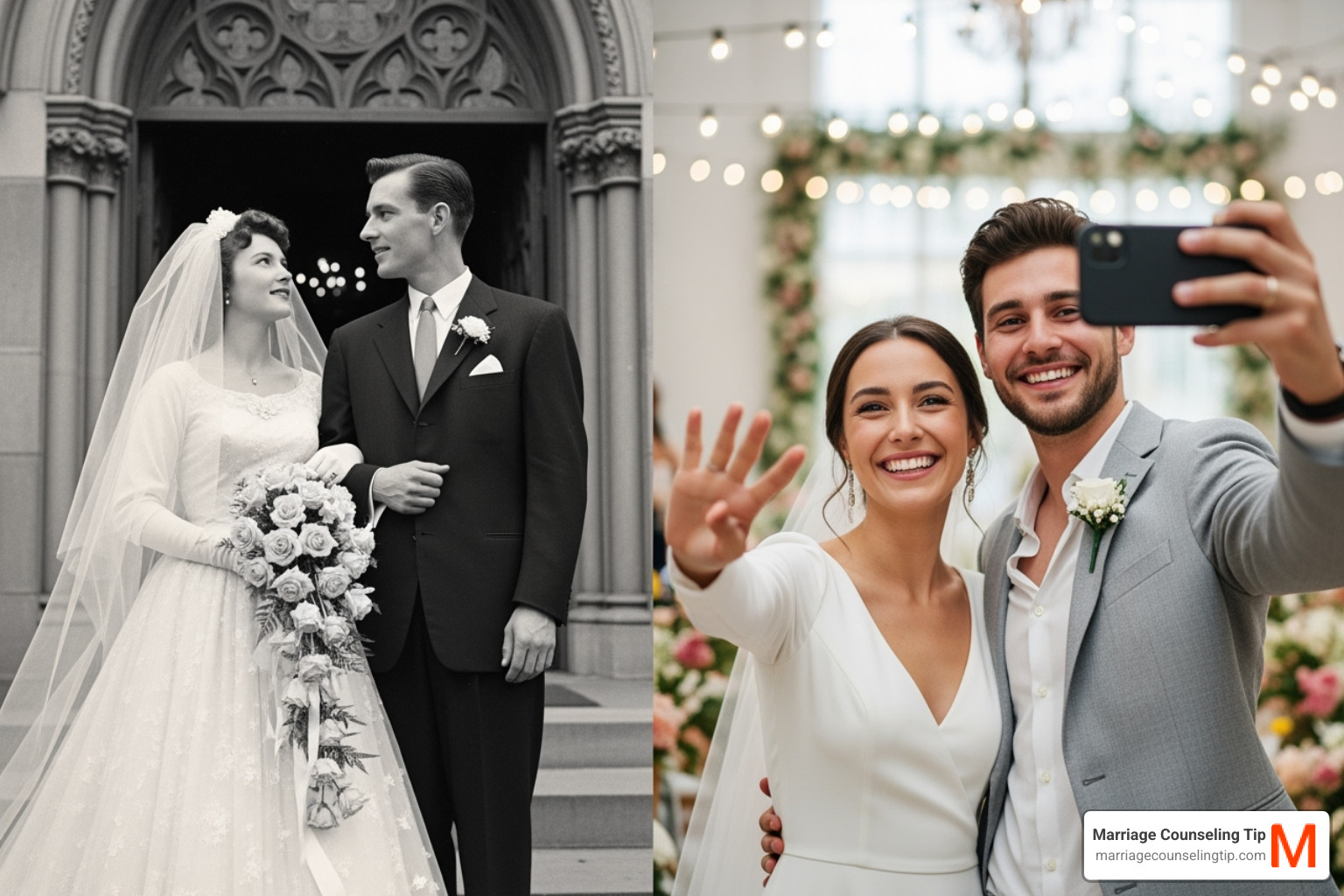 Vintage wedding photo contrasted with a modern couple's selfie - 7 types of marriage