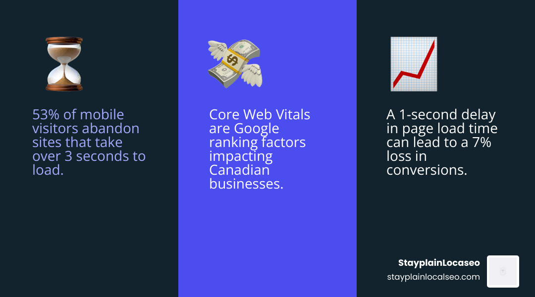 Infographic showing how website load time directly impacts bounce rates, with statistics showing 53% of mobile visitors abandon sites taking over 3 seconds to load, 7% conversion loss per second of delay, and Core Web Vitals as Google ranking factors for Canadian businesses - wordpress speed optimization service in canada infographic 3_facts_emoji_blue