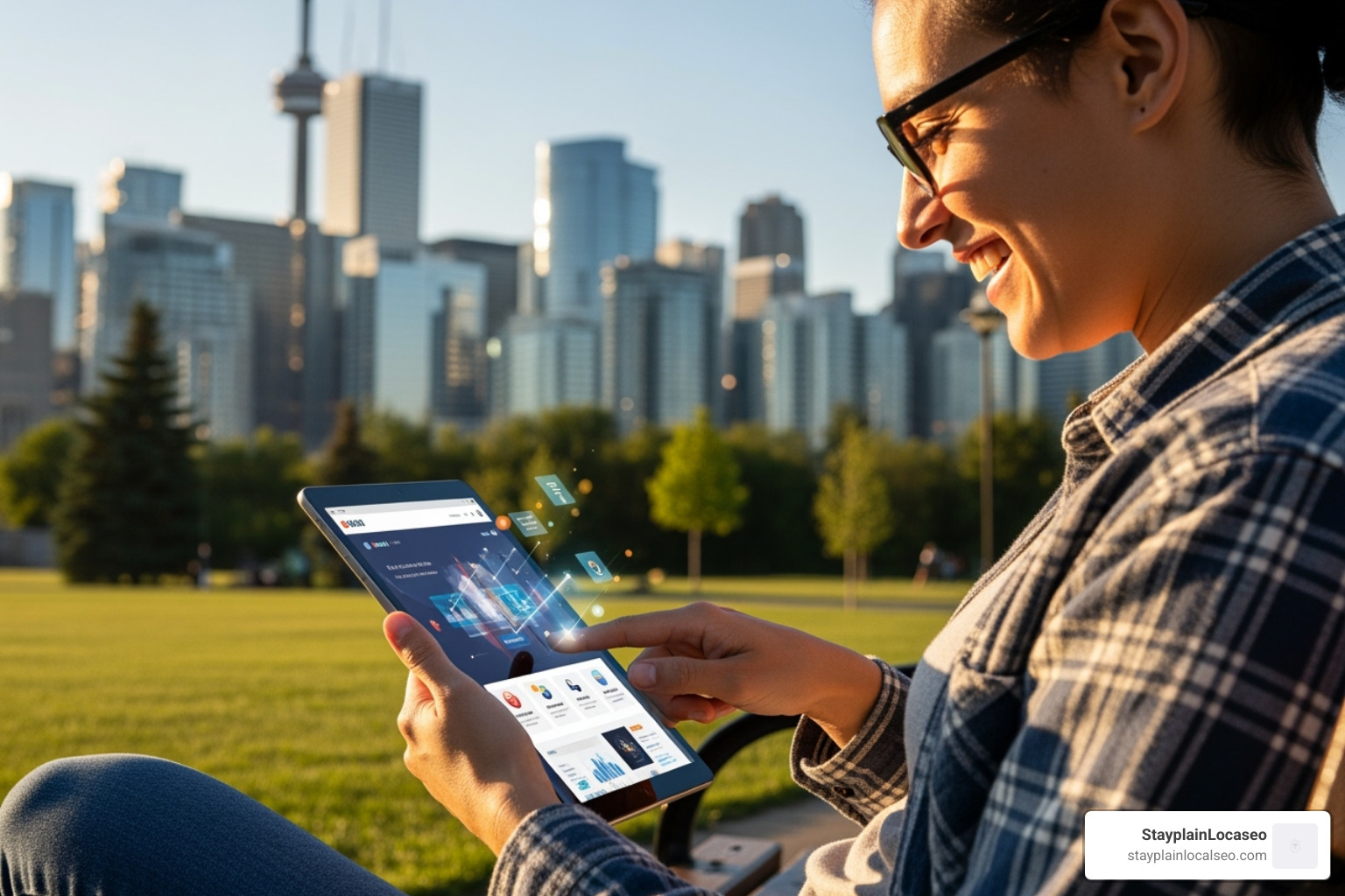 Image of a person happily using a fast website on a tablet in a Canadian setting like Toronto or Vancouver - wordpress speed optimization service in canada