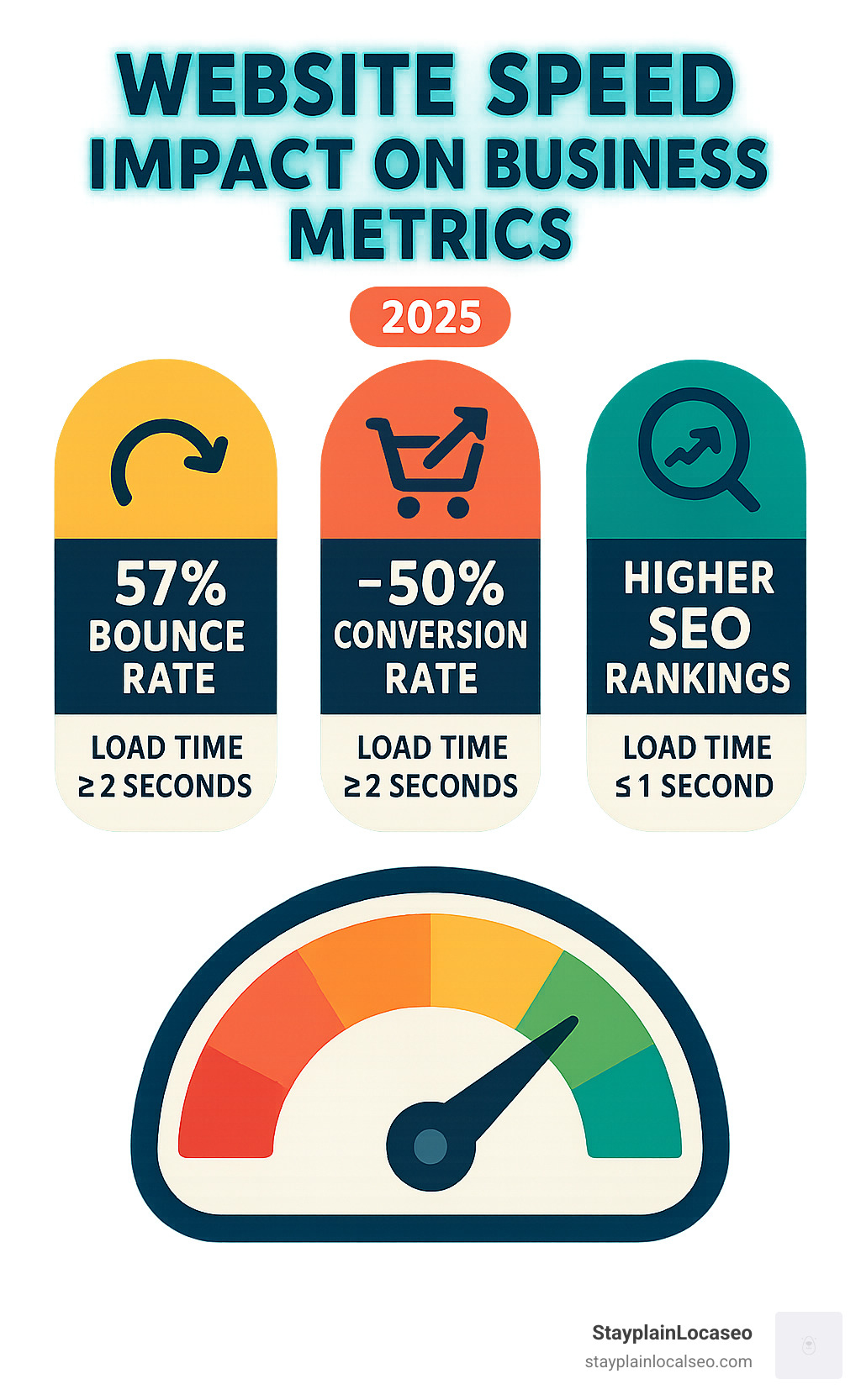 Infographic showing website speed impact on business metrics including bounce rate, conversion rate, and SEO rankings with specific percentages and load time thresholds - fast wordpress speed optimization service infographic 