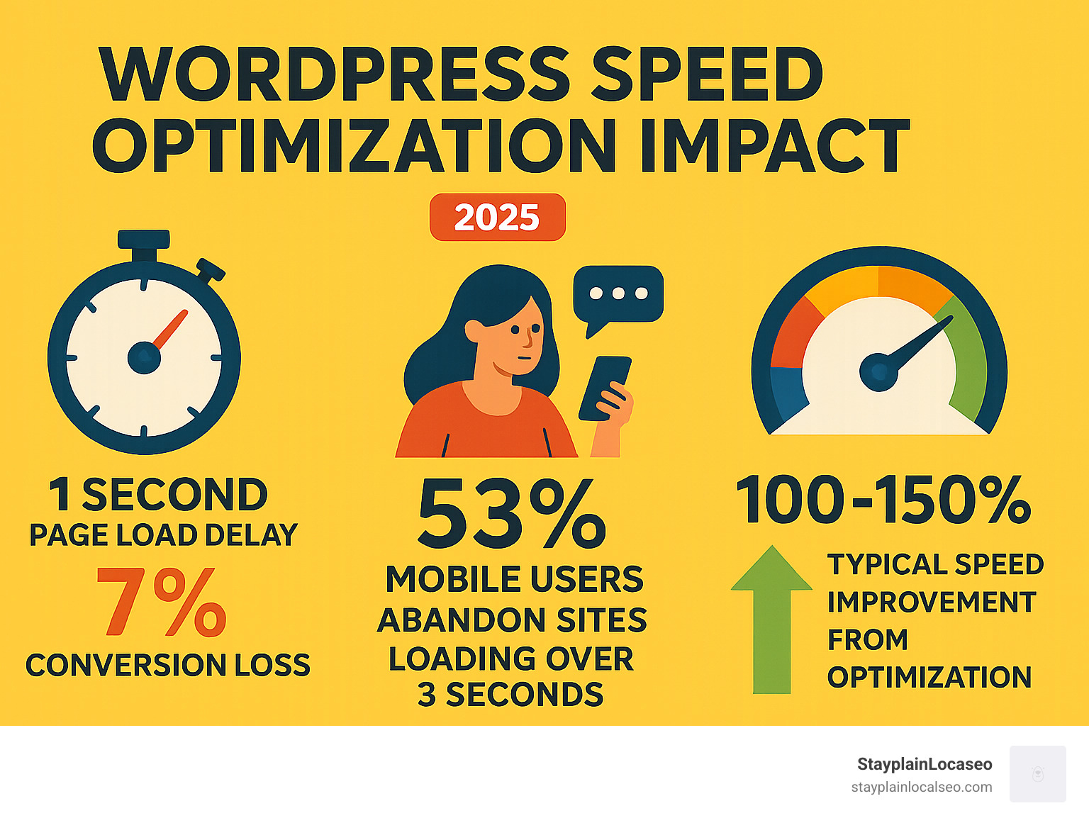 Infographic showing WordPress speed optimization impact: 1-second page load delay causes 7% conversion loss, 53% of mobile users abandon sites taking over 3 seconds to load, and optimized sites typically improve speeds by 100-150% - wordpress speed optimization service minnesota infographic Infographic showing WordPress speed optimization impact: 1-second page load delay causes 7% conversion loss, 53% of mobile users abandon sites taking over 3 seconds to load, and optimized sites typically improve speeds by 100-150% - wordpress speed optimization service minnesota infographic