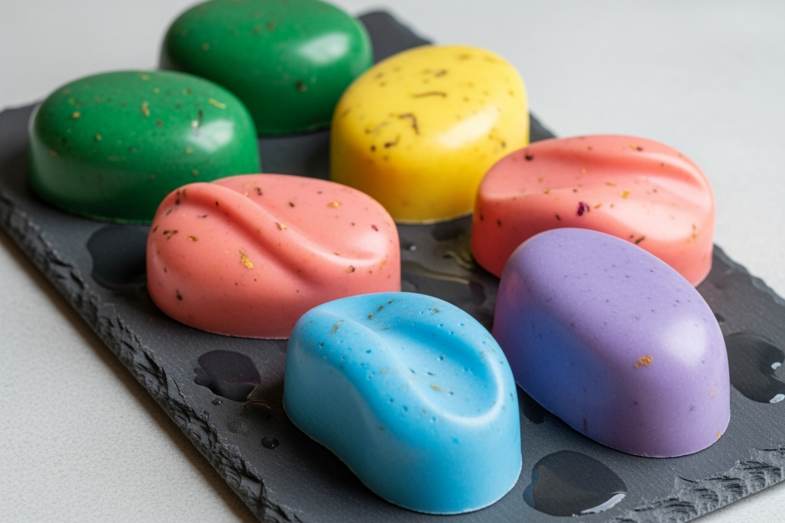 a collection of colorful, beautifully shaped solid beauty bars on a slate tray - plastic free beauty products