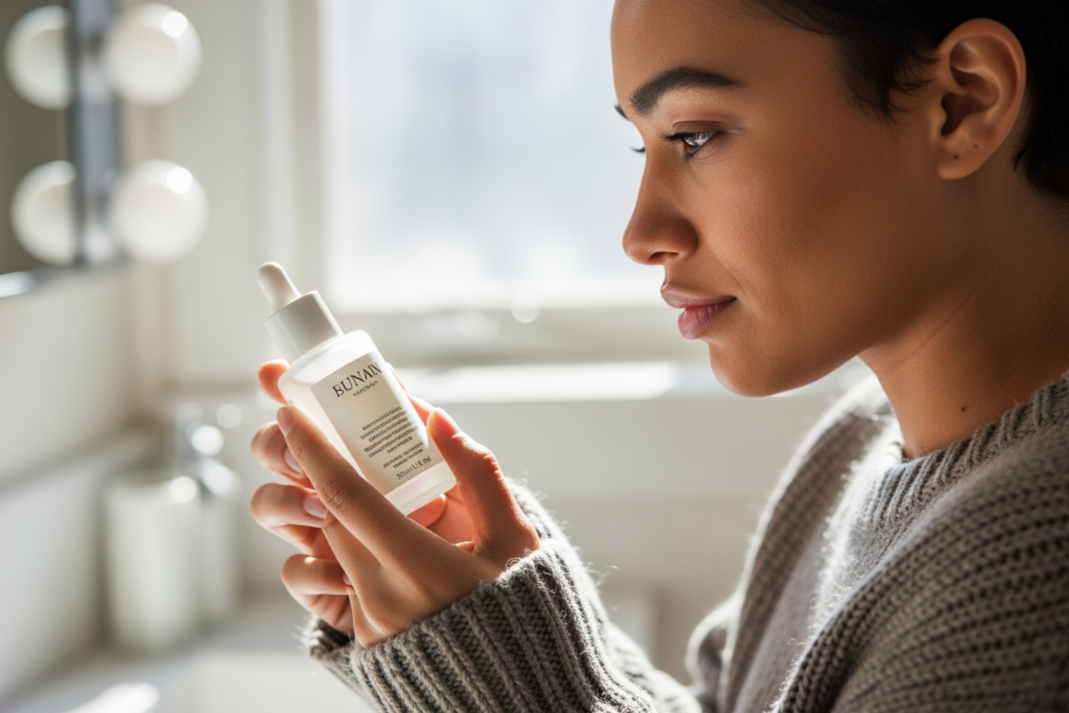 a person carefully reading the ingredient list on a glass skincare bottle - plastic free beauty products