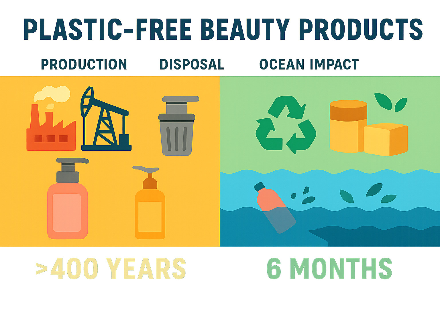 Infographic showing the lifecycle comparison between traditional plastic beauty packaging and plastic-free alternatives, including production resources, disposal methods, ocean impact, and decomposition timeframes - plastic free beauty products infographic 