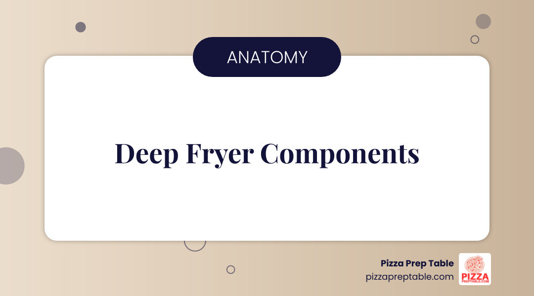 Infographic showing the basic components of a commercial electric deep fryer: stainless steel oil vat at the base, immersed heating element coils inside the vat, removable frying basket with cool-touch handles, digital thermostat control panel on the front, and safety features like auto-shutoff and viewing window - deep fryer infographic simple-info-landscape-card