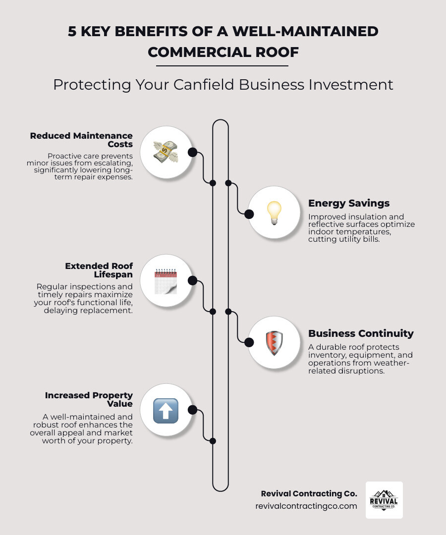 infographic showing 5 key benefits of well-maintained commercial roofs: reduced maintenance costs, energy savings, extended roof lifespan, business continuity protection, and increased property value - Commercial roofing Canfield infographic infographic-line-5-steps-neat_beige