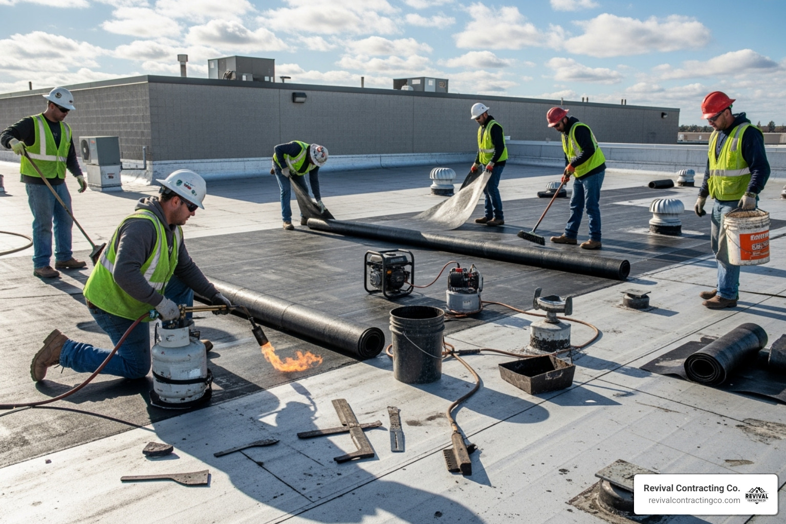 roofing team working on a commercial property - Commercial roofing Canfield