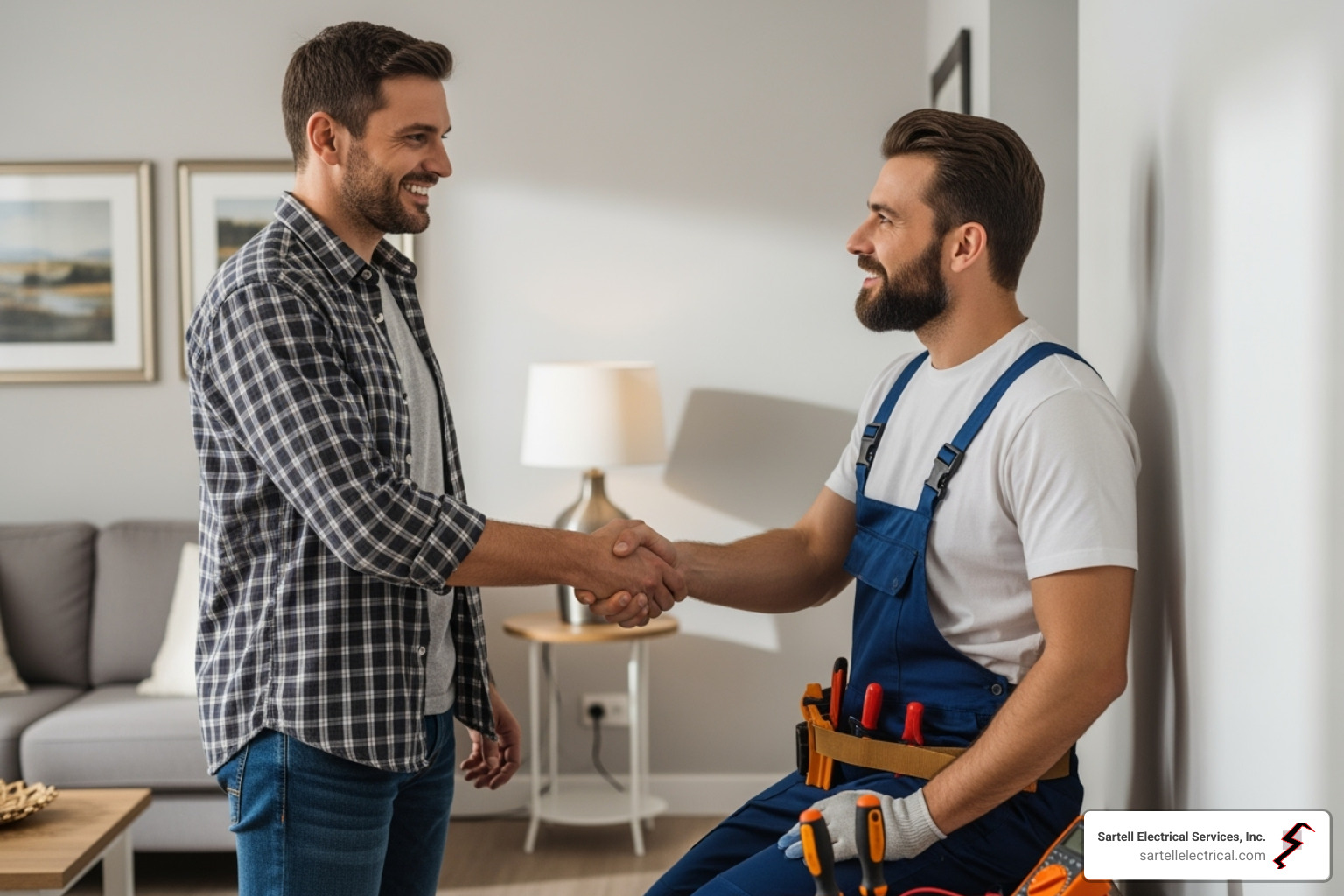 homeowner shaking hands with electrician - licensed residential electricians near me