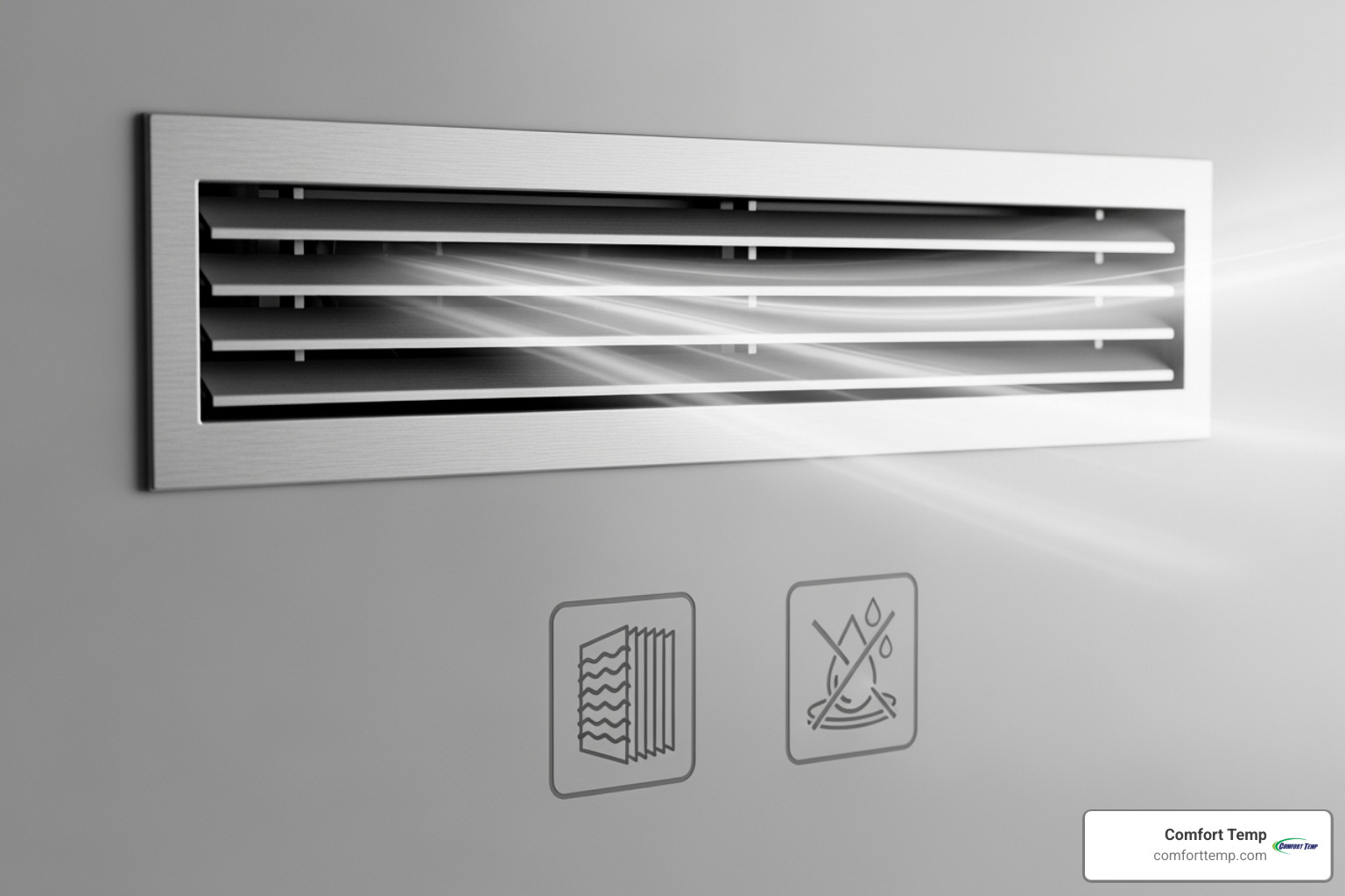clean air flowing through a vent, with icons for filtration and dehumidification - how central cooling system works clean air flowing through a vent, with icons for filtration and dehumidification - how central cooling system works