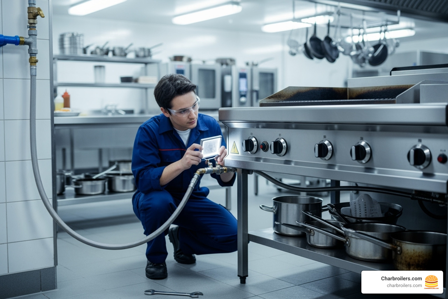 technician inspecting a charbroiler's gas line - commercial charbroiler repair
