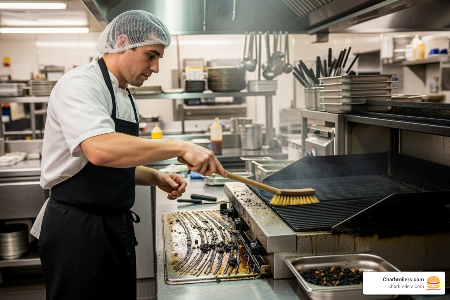 staff member performing daily cleaning on a charbroiler - commercial charbroiler repair