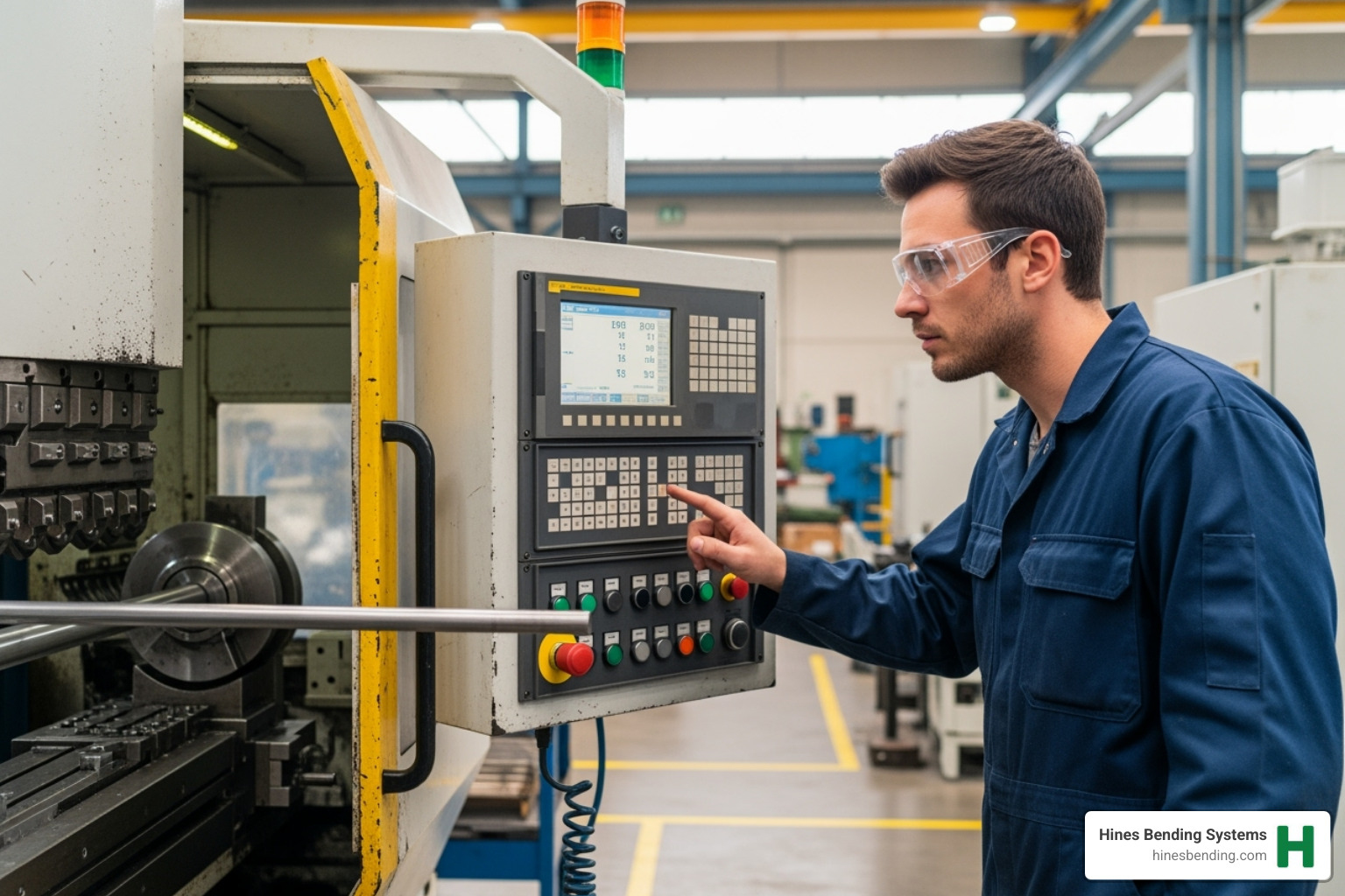 engineer inspecting control panel of a used CNC bender - used tube bender for sale