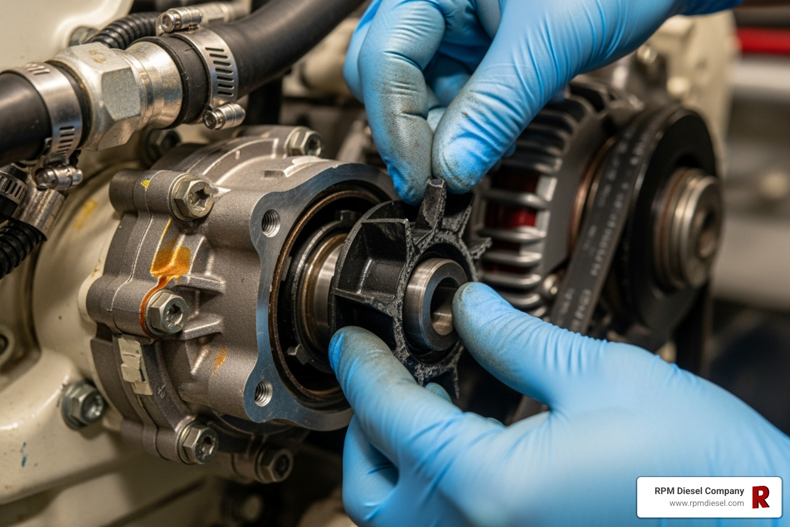 technician replacing a raw water pump impeller - Marine generator cooling system