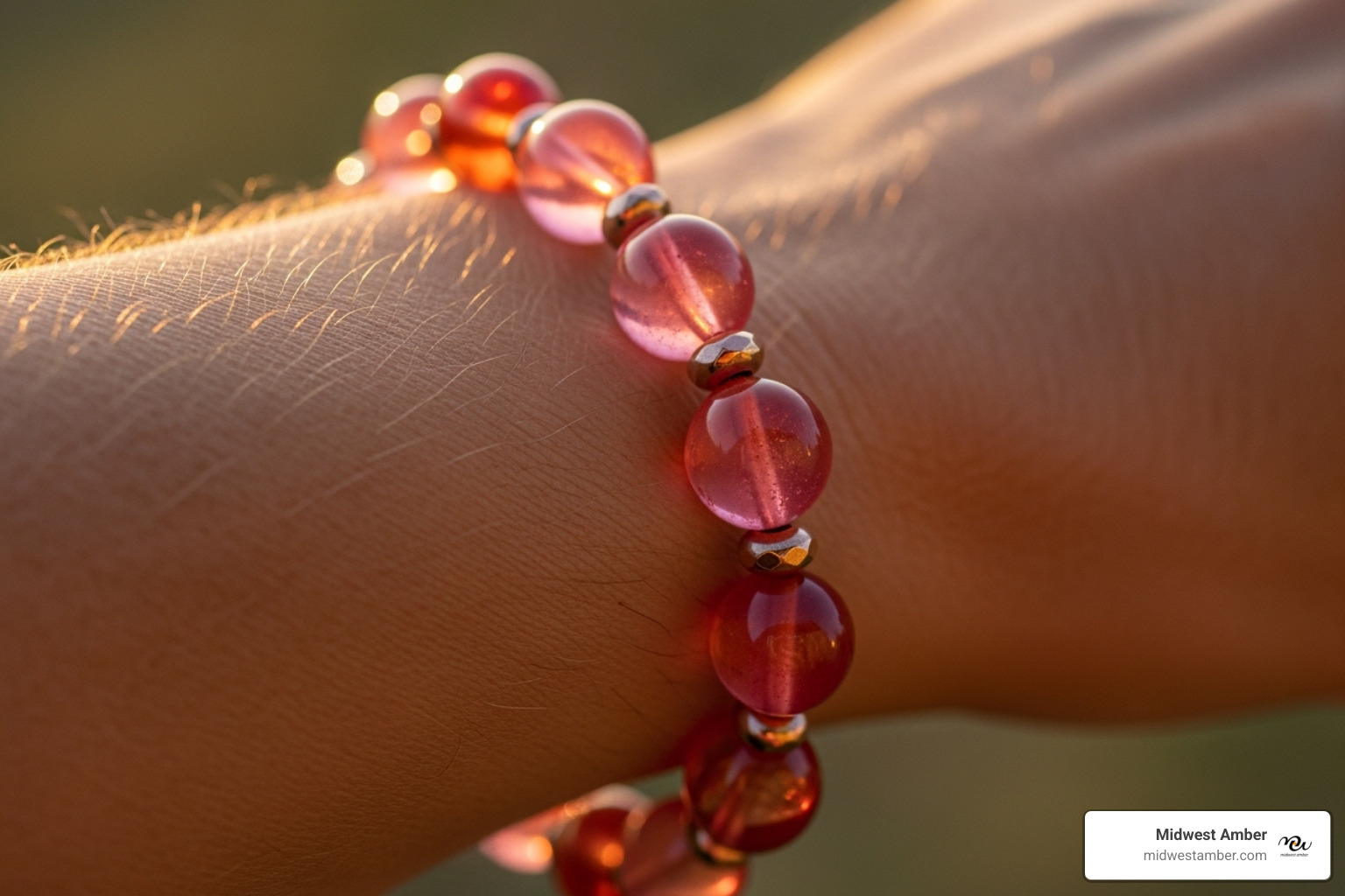 a person wearing a pink amber bracelet - pink amber stone