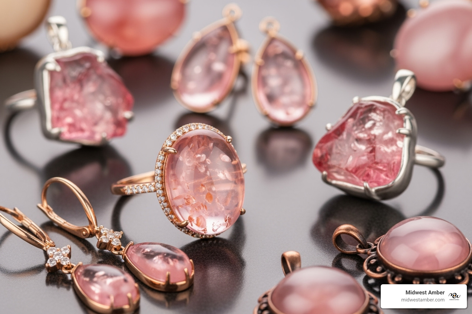 various pink amber jewelry pieces like rings, earrings, and pendants - pink amber stone