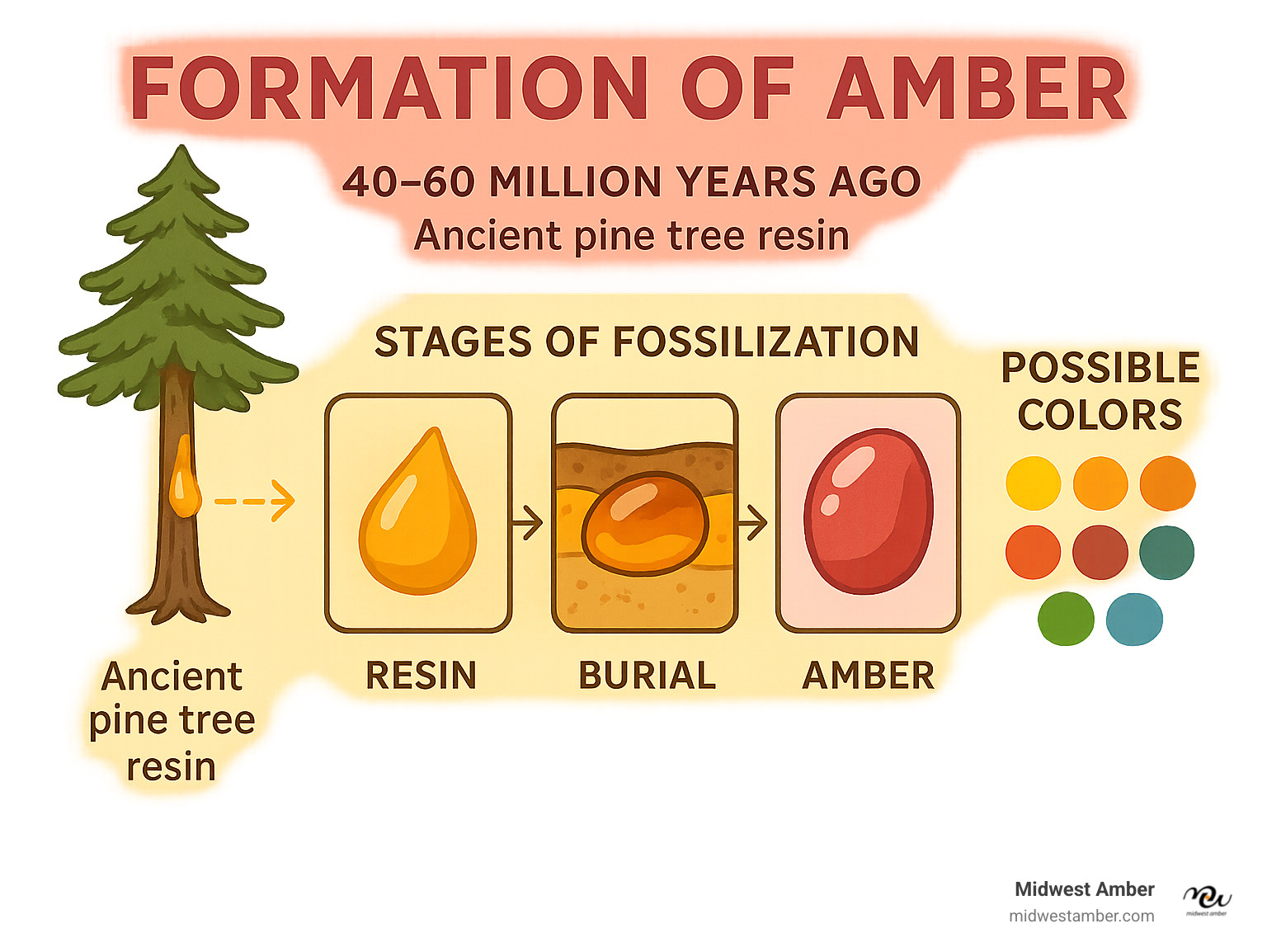 Infographic explaining the formation of amber from ancient pine tree resin 40-60 million years ago, the fossilization stages, and the spectrum of possible colors - pink amber stone infographic 