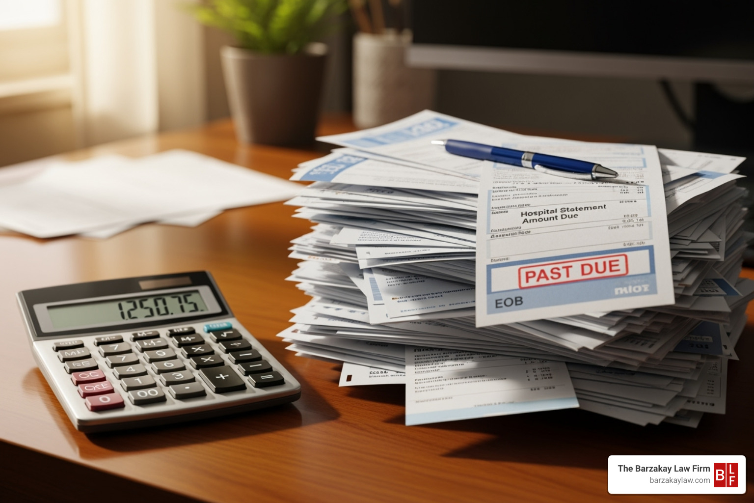 calculator next to a stack of medical bills - traumatic brain injury settlements