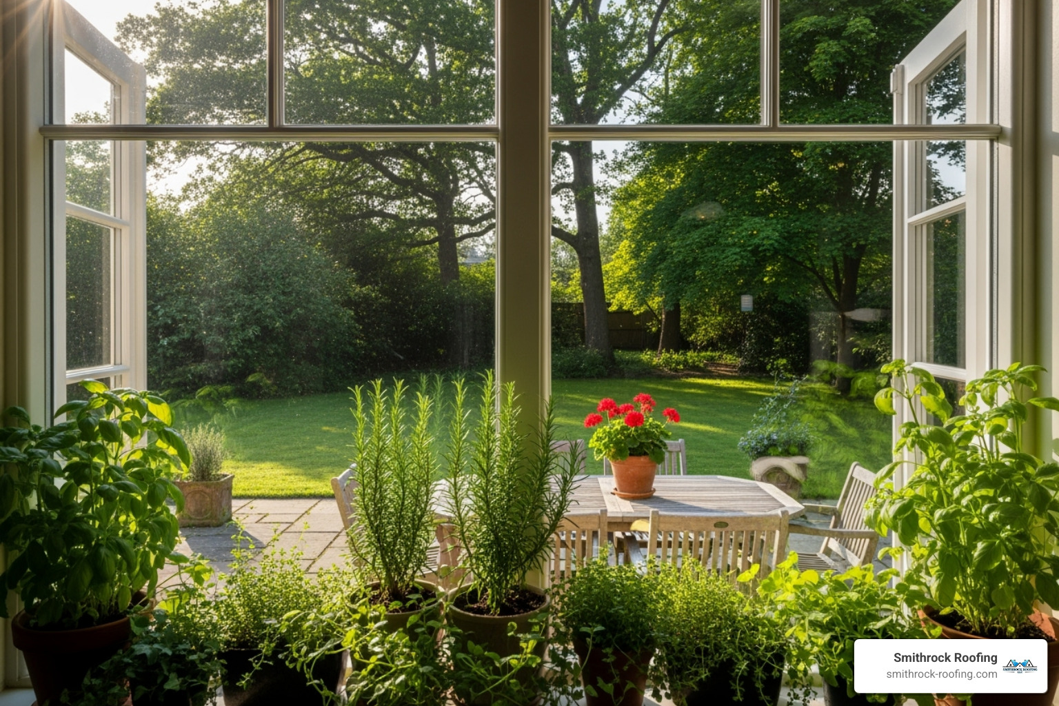 A beautifully maintained garden window with lush green plants and herbs, offering a clear view of a sunlit backyard with trees and a patio.