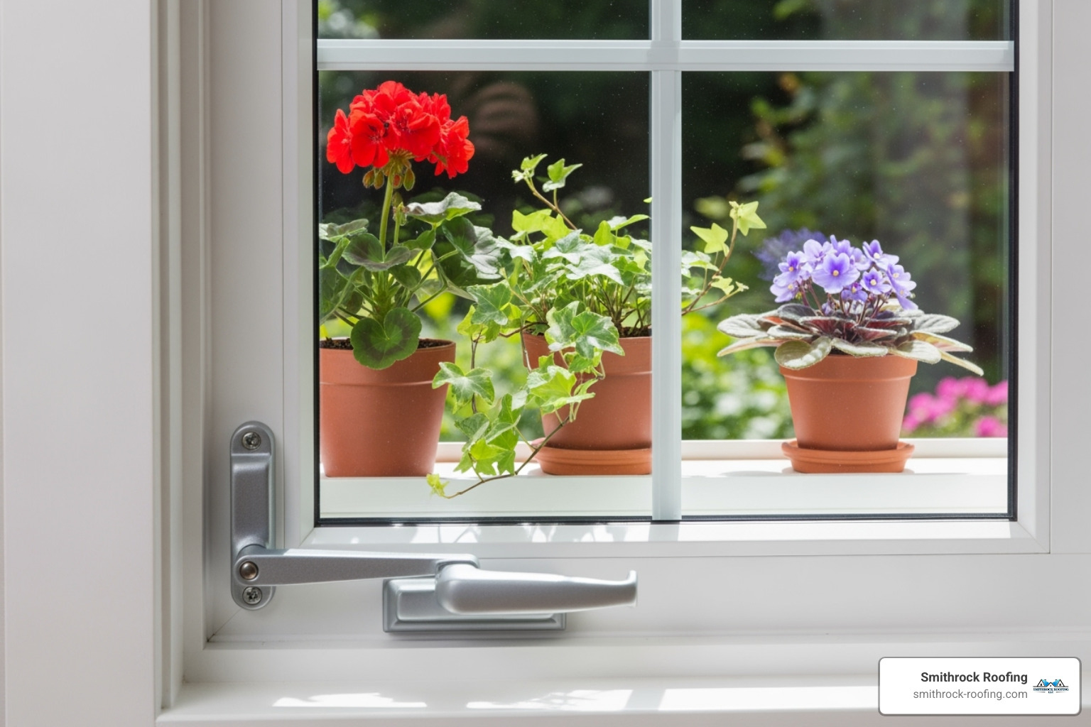 Close-up of a garden window's operable side casement with a crank mechanism, showing the sturdy vinyl frame and clear tempered glass.