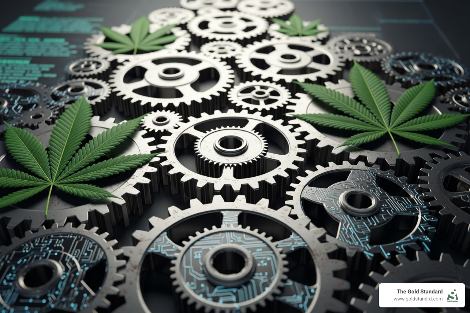 Synergy of on-page and off-page SEO, represented by interlocking gears with cannabis leaves and tech elements, showing the combined effort leads to higher rankings - on page and off page seo examples
