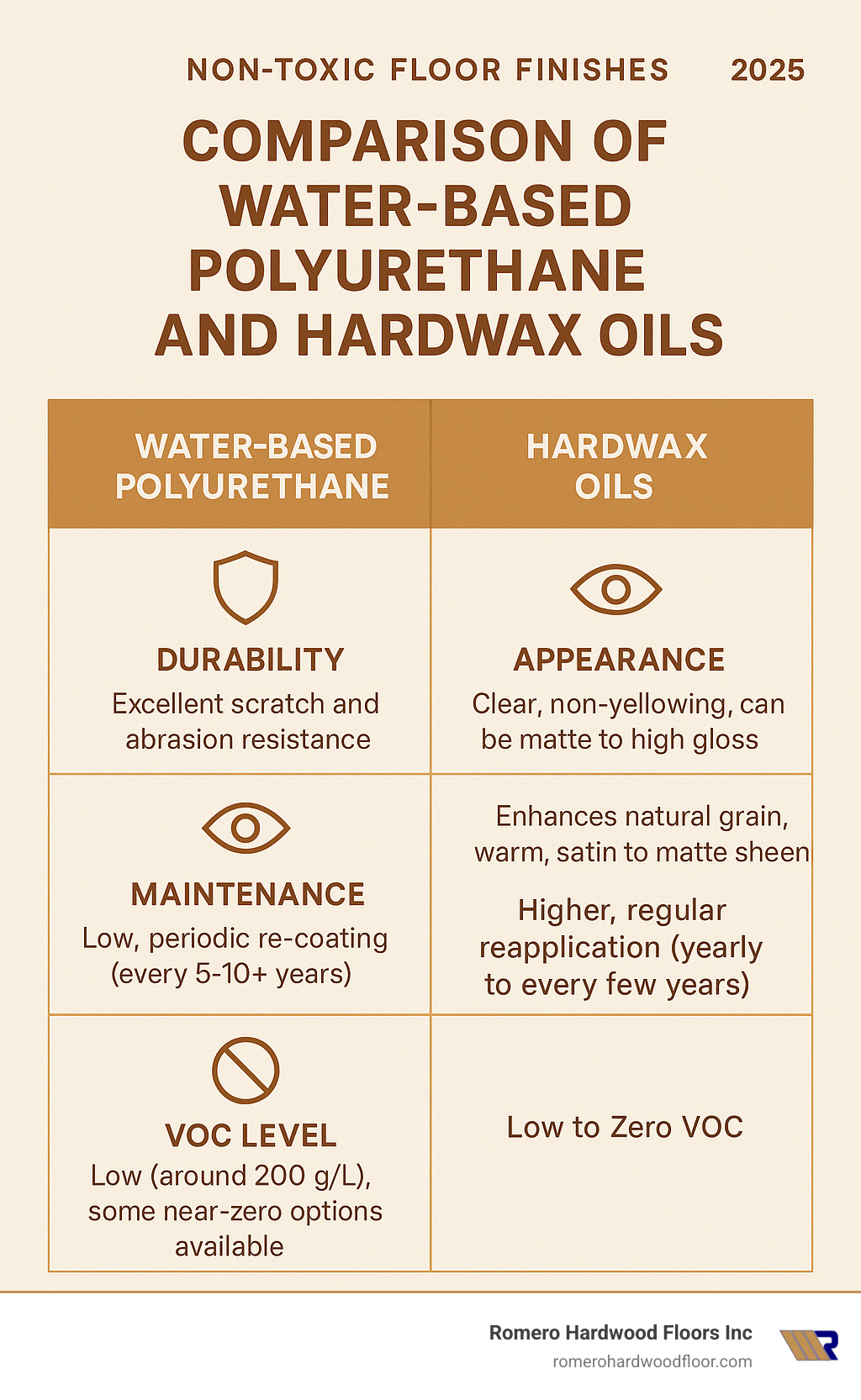 Comparison of Water-Based Polyurethane and Hardwax Oils - Non-toxic floor finishes infographic Comparison of Water-Based Polyurethane and Hardwax Oils - Non-toxic floor finishes infographic