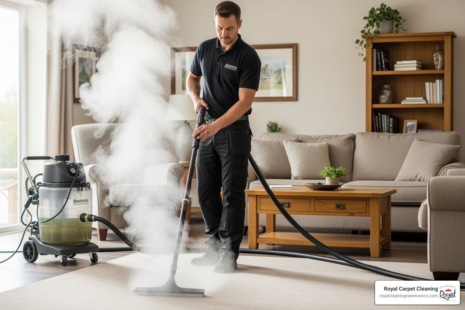 technician using professional hot water extraction equipment - high traffic carpet cleaning