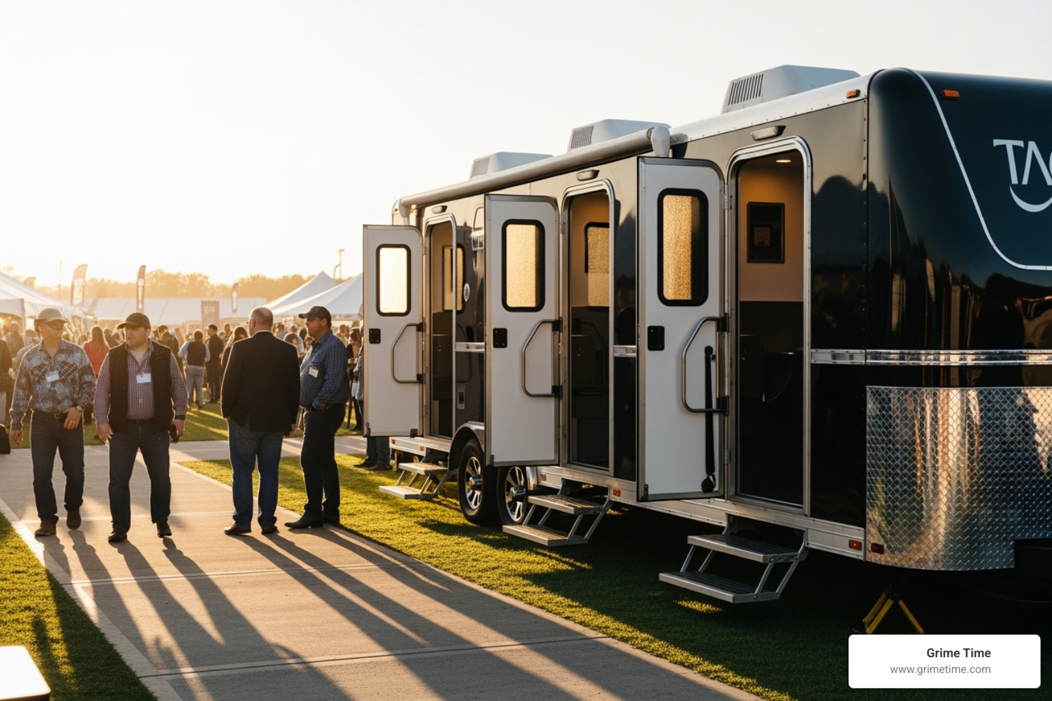 A multi-stall restroom trailer exterior at an event - restroom trailer rentals Austin