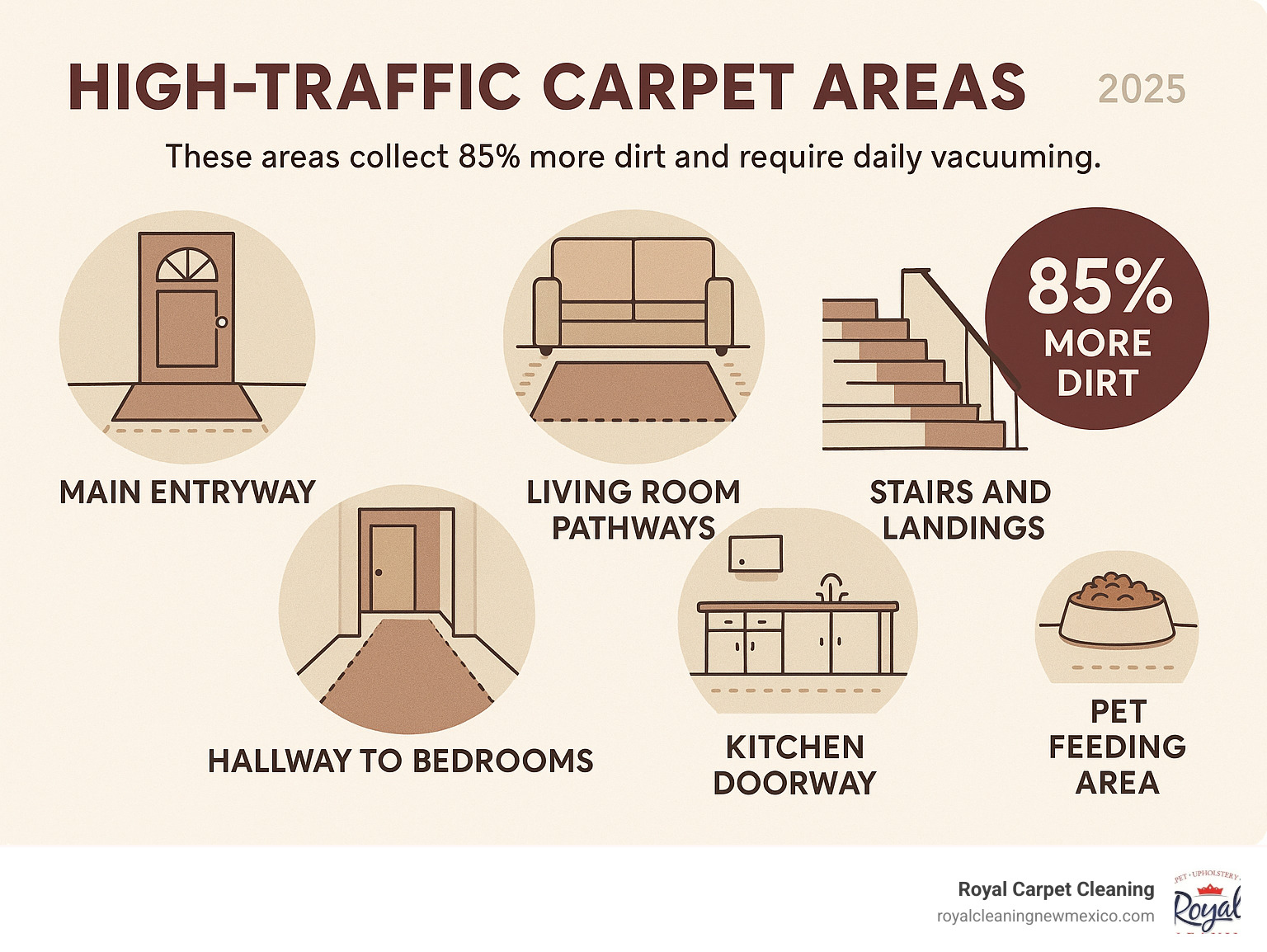 Infographic showing the most common high-traffic carpet areas in homes including main entryways, hallways leading to bedrooms, living room pathways around furniture, kitchen doorways, stairs and landings, and pet feeding areas, with statistics showing these areas collect 85% more dirt and require daily vacuuming - high traffic carpet cleaning infographic 