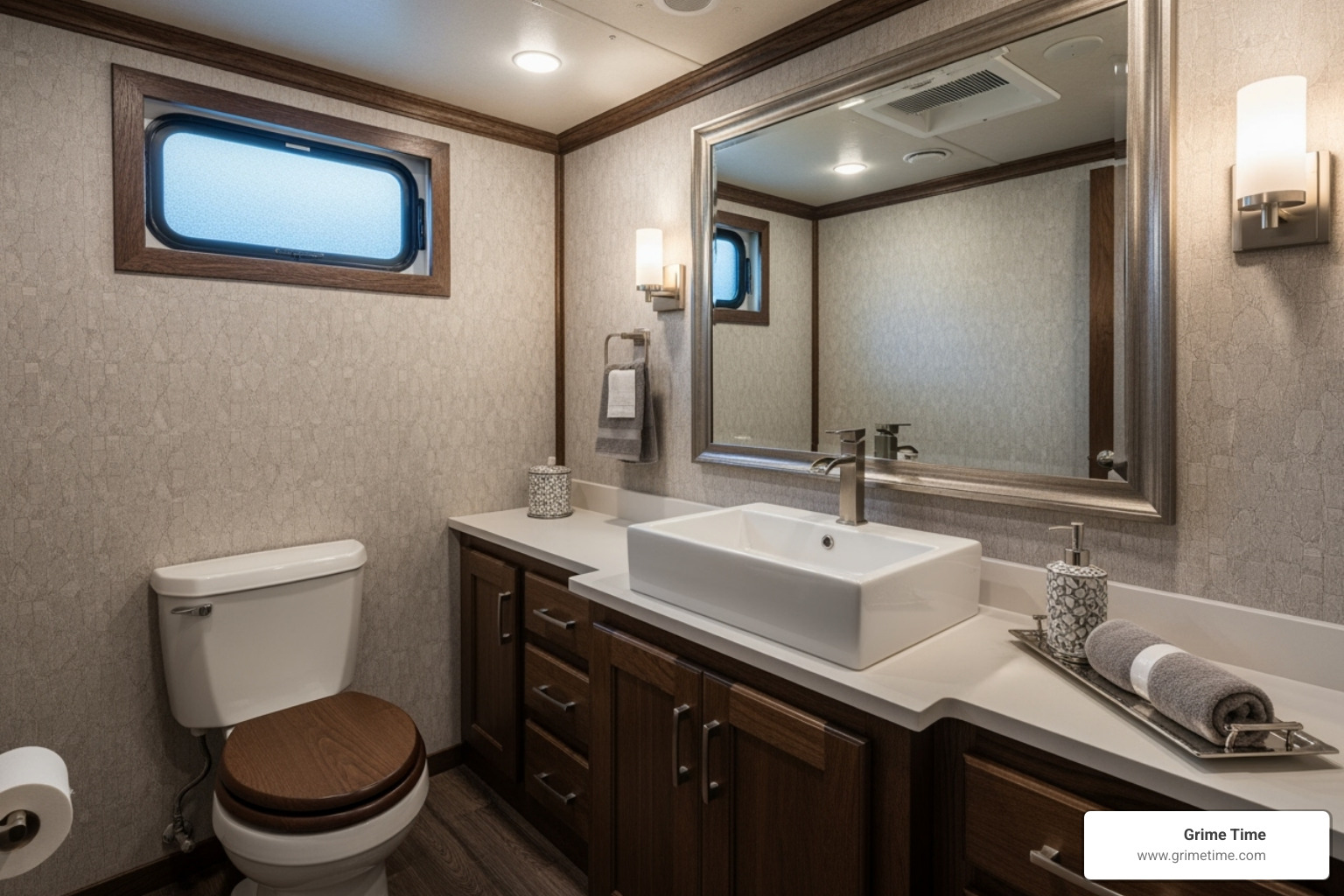 A stylish interior of a luxury restroom trailer with modern fixtures and decor - restroom trailer rentals Austin