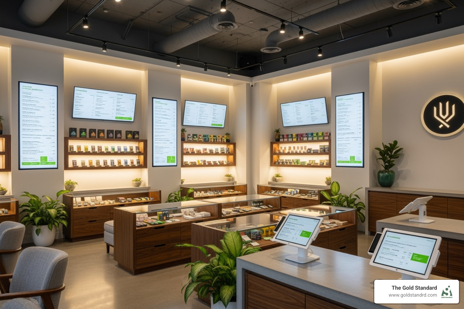 Modern, clean cannabis dispensary interior in New York City with subtle technology integration - what is dutchie