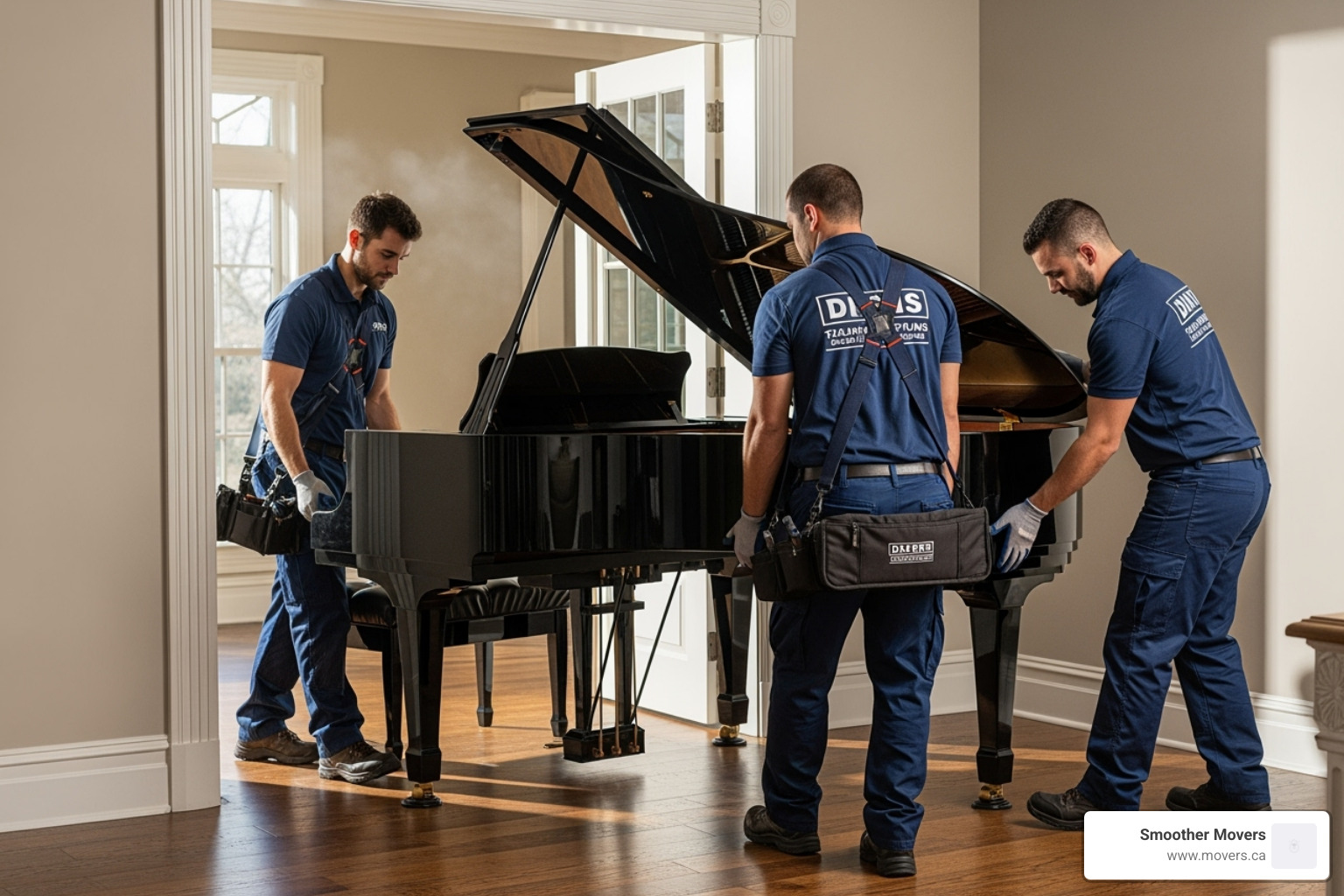 A grand piano being carefully moved by professional movers - vancouver affordable moving
