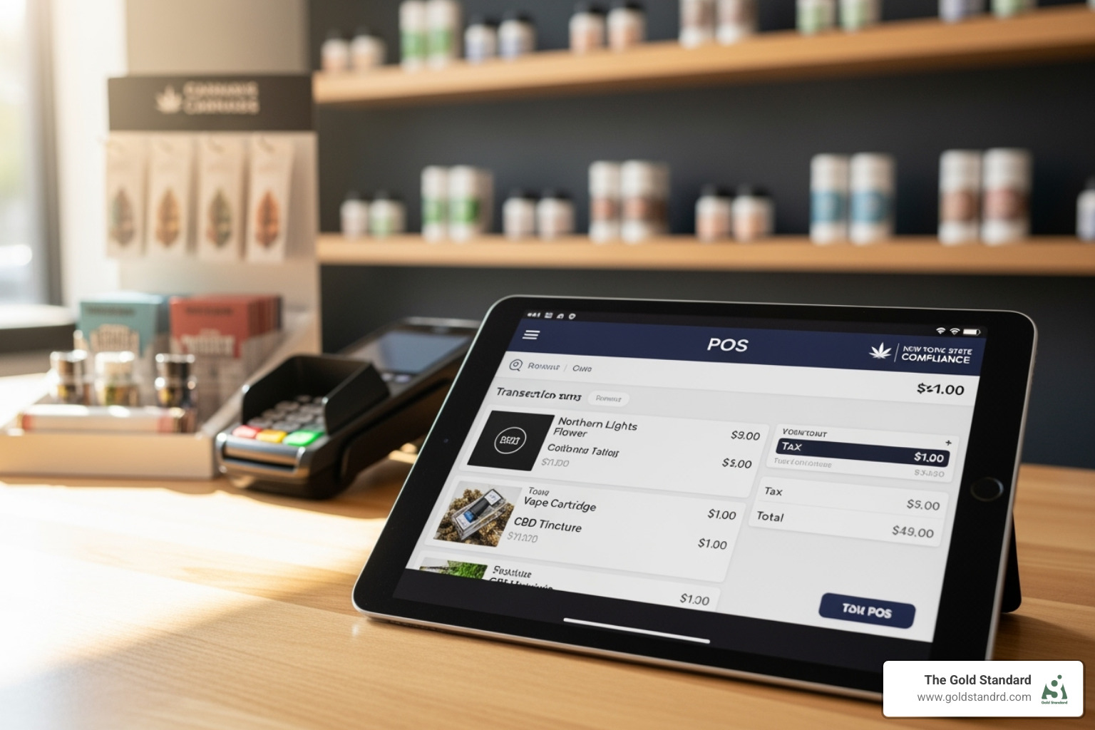 Tablet showing the Dutchie POS system in a New York dispensary setting with cannabis technology elements - what is dutchie