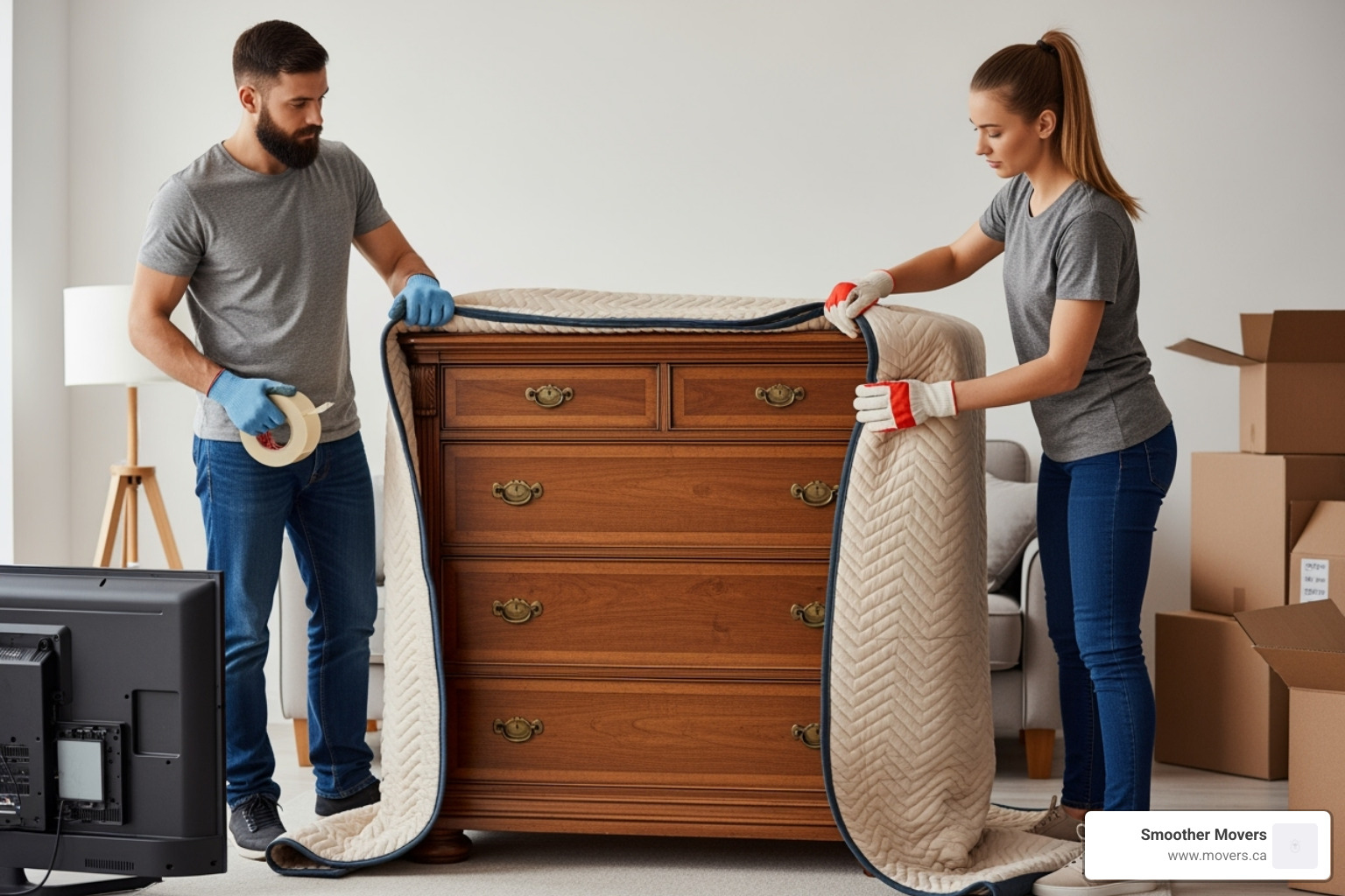 Movers carefully wrapping a piece of furniture in protective blankets - vancouver affordable moving