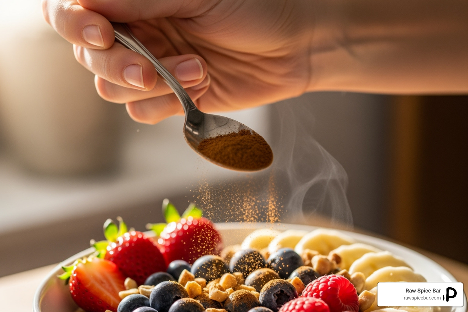 person sprinkling cinnamon on healthy dish - cinnamon advantages