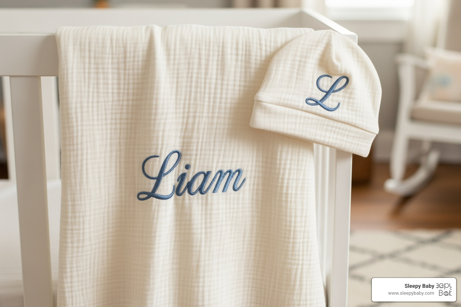 A personalized baby swaddle set with the baby's name embroidered on it, draped over a crib - gifts for infants