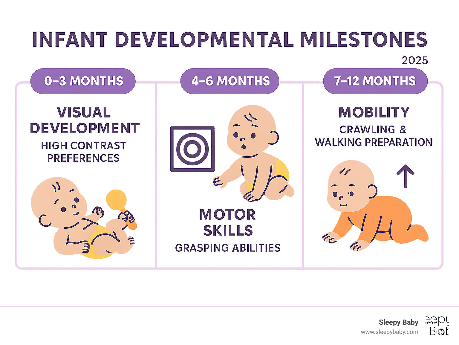 Infographic showing infant developmental milestones from 0-12 months including visual development at 0-3 months with high contrast preferences, motor skill development at 4-6 months with grasping abilities, and mobility milestones at 7-12 months with crawling and walking preparation - gifts for infants infographic 