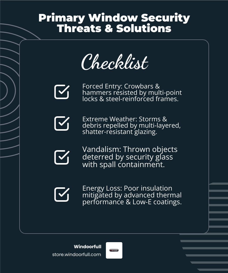 Infographic showing primary window security threats including forced entry attempts with crowbars and hammers, extreme weather damage from storms and debris, vandalism with thrown objects, and energy loss through poor insulation, along with corresponding high security window solutions - High security windows infographic checklist-dark-blue