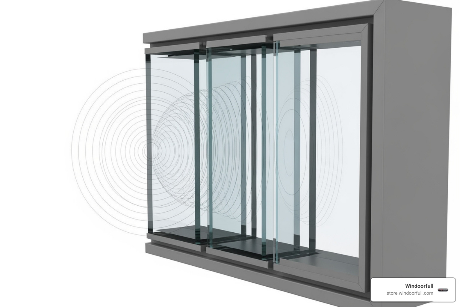Image illustrating sound waves being blocked by a multi-pane security window - High security windows